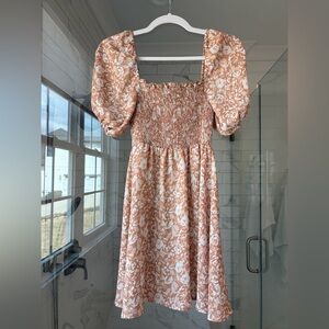 RESA Smocked Puff-Sleeve Floral Midi Dress in Peach